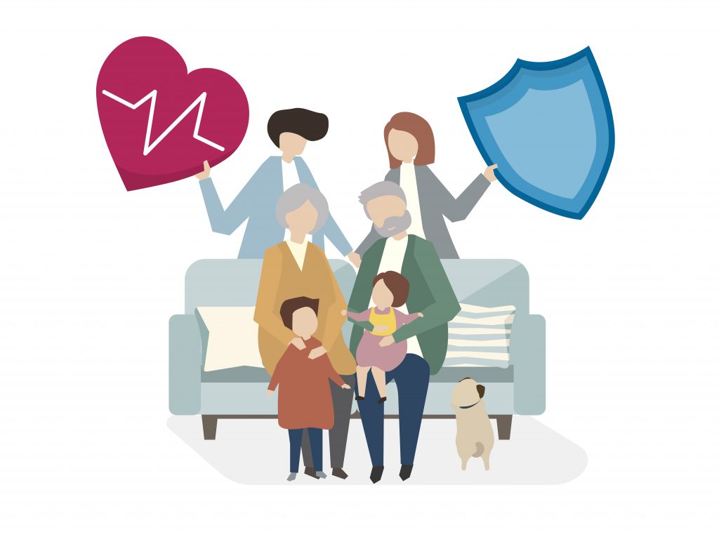 illustration of a family holding a heart and shield